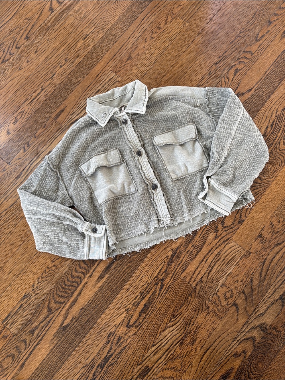Free People Cropped Raw-Hem Button-Front Jacket - save green, M